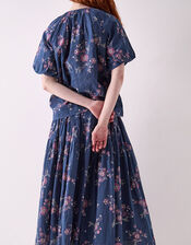 East Layla Floral Print Cotton Midi Skirt, Blue (BLUE), large