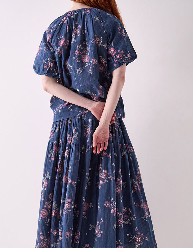 East Layla Floral Print Cotton Midi Skirt, Blue (BLUE), large