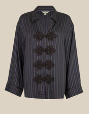 Ellie V-Neck Frogging Stripe Shirt , Blue (NAVY), large