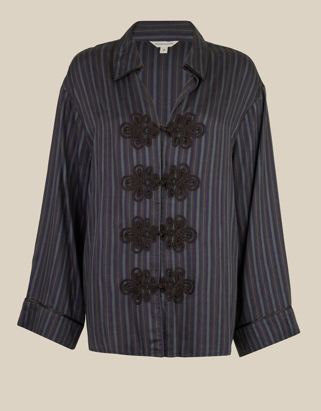 Ellie V-Neck Frogging Stripe Shirt , Blue (NAVY), large