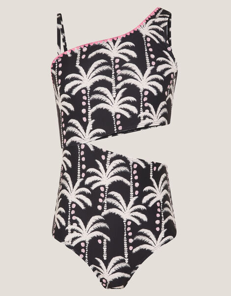 Palm Print Cut-Out Swimsuit, Black (BLACK), large