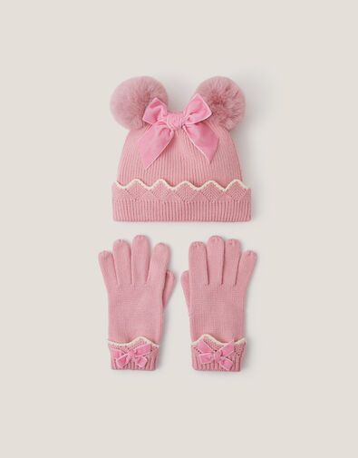 Scallop Beanie Hat & Gloves Set, Pink (PINK), large
