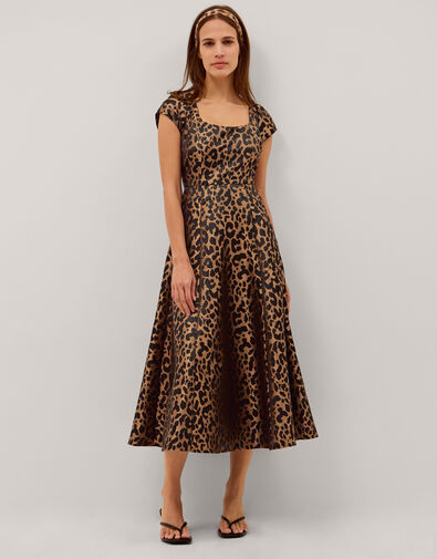 Anna Leopard Print Midi Dress, Camel (BEIGE), large