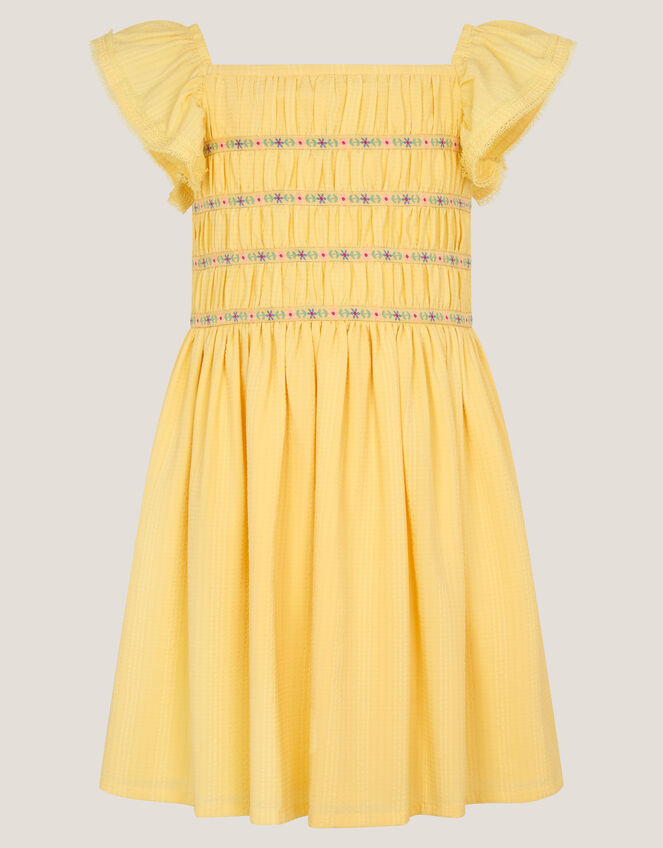Stripe Shirred Lace Trim Dress, Yellow (YELLOW), large