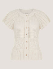 Indi Short Sleeve Floral Pointelle Cardigan, Ivory (IVORY), large