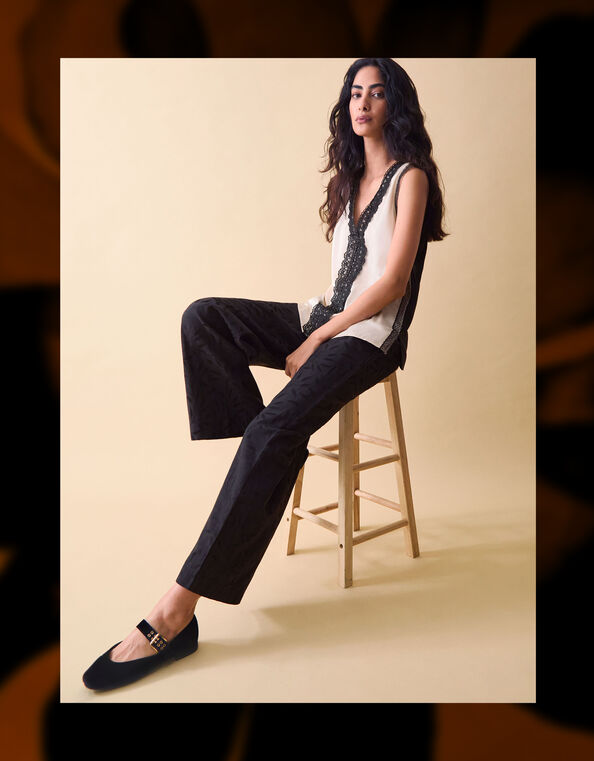 Clemence Gianna Jacquard Wide Leg Trousers, Black (BLACK), large