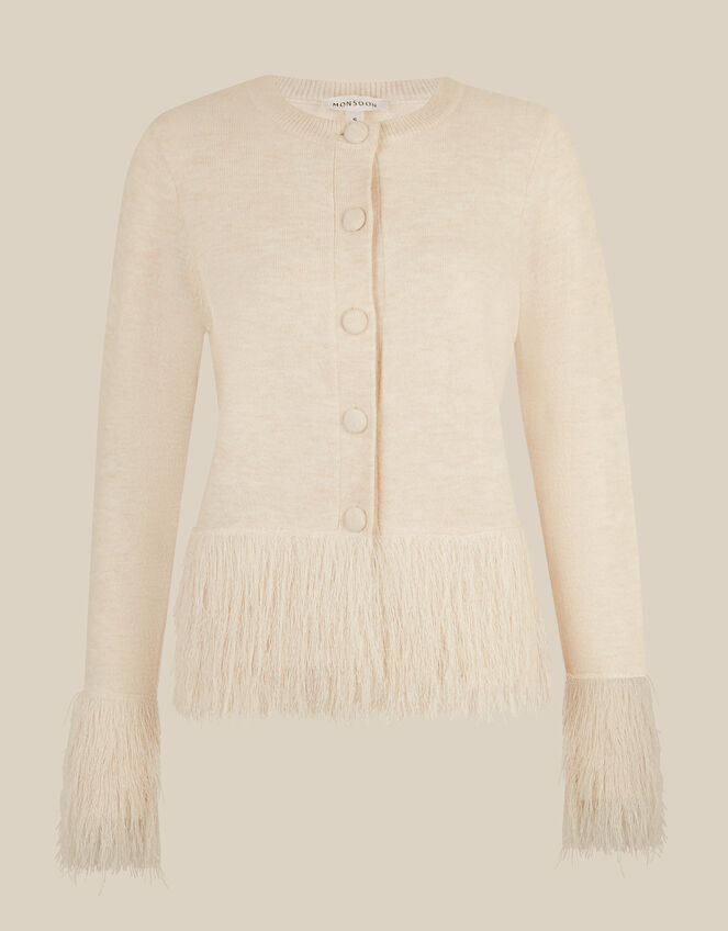 Fina Fringe Crew Neck Cardigan, Ivory (IVORY), large
