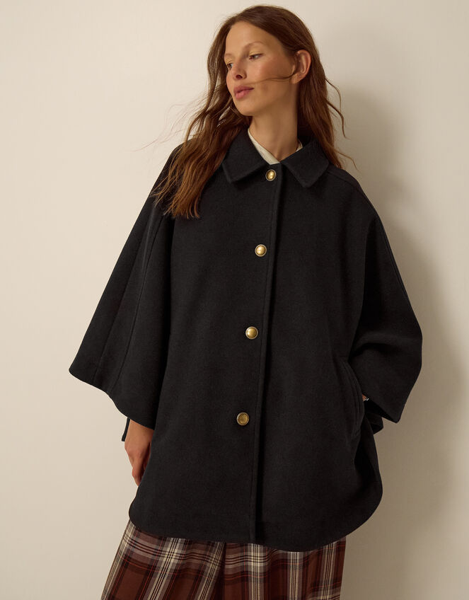 Claudie Collar Cape Coat, Black (BLACK), large