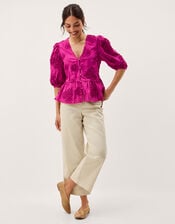 Tammy Puff Sleeve Embroidered Top, Pink (BRIGHT PINK), large