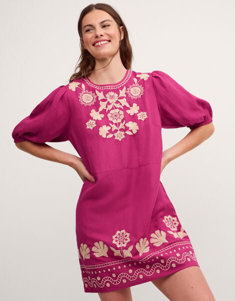 Lydia Embroidered Linen Blend Mini Dress, Pink (PINK), large