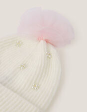 Tulle Pom-Pom Beanie Hat, Ivory (IVORY), large