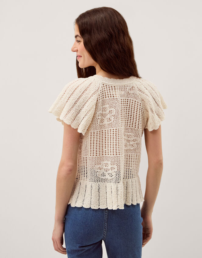 Indi Short Sleeve Floral Pointelle Cardigan, Ivory (IVORY), large