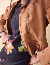 Clemence Fleur Embellished Suede Jacket, Tan (TAN), large