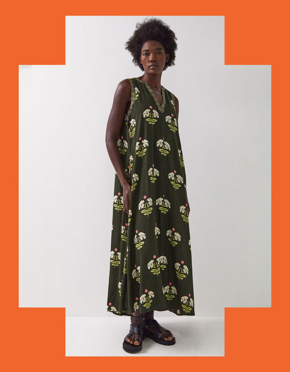 East Flossie Sleeveless Floral Maxi Dress, Green (KHAKI), large