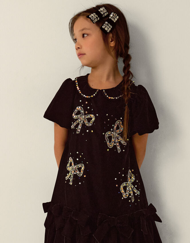 Mara Sequin Bow Velvet Swing Dress, Black (BLACK), large