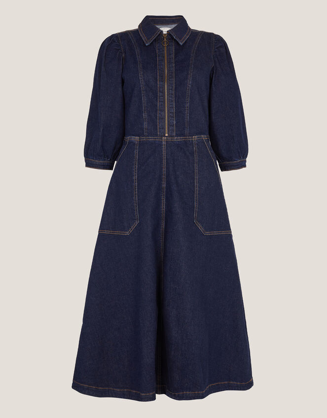 Erin Zip Denim Midi Dress, Blue (INDIGO), large