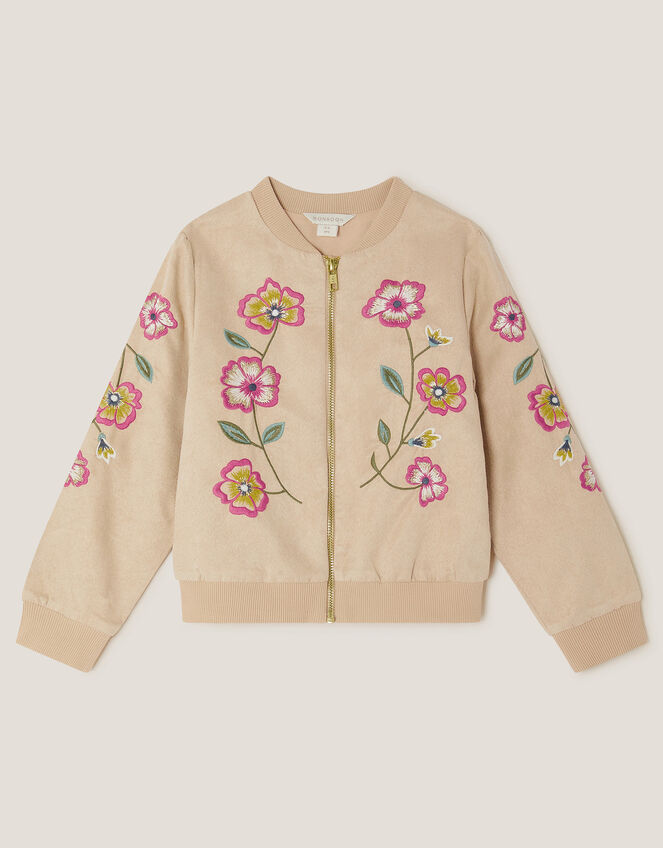 Embroidered Faux Suede Bomber Jacket, Camel (BEIGE), large