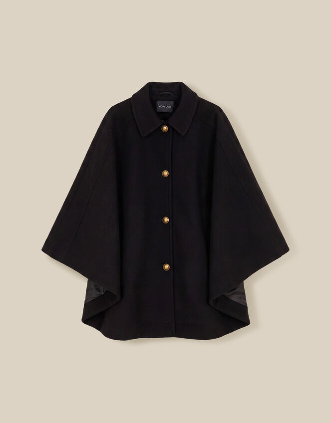 Claudie Collar Cape Coat, Black (BLACK), large