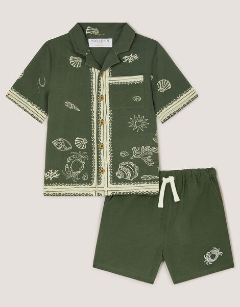 Crab Print Shirt & Shorts Set, Green (KHAKI), large