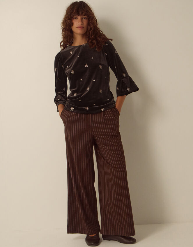 Emilee Flute Sleeve Embroidered Velvet Top, Brown (CHOCOLATE), large