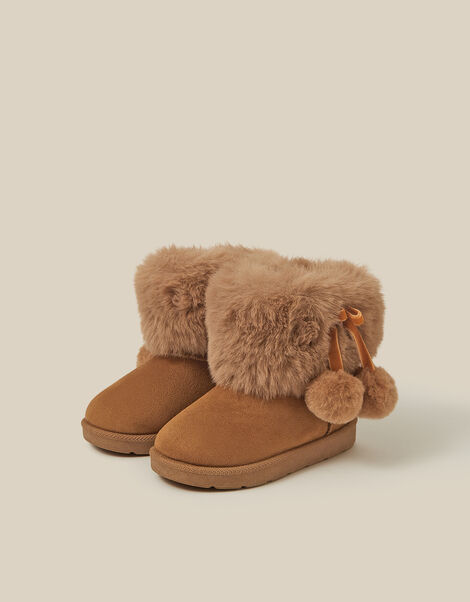 Toddler Fluffy Pom Ankle Boots, Tan (TAN), large