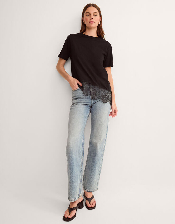 Lola Lace Trim Jersey T-Shirt, Black (BLACK), large