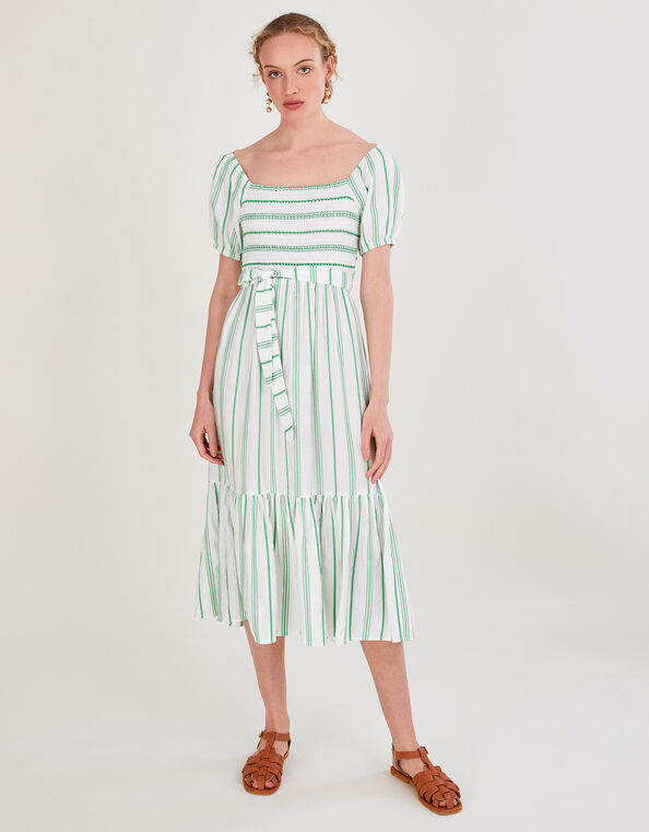 Stripe Jacquard Belted Tiered Dress with LENZING&trade; ECOVERO&trade;, Green (GREEN), large