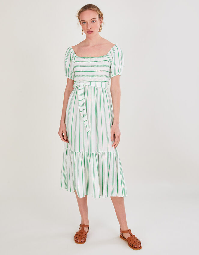 Stripe Jacquard Belted Tiered Dress with LENZING&trade; ECOVERO&trade;, Green (GREEN), large