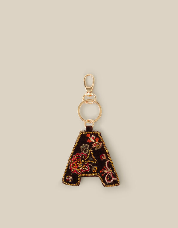Floral Embroidered Velvet Initial Keyring, Brown (CHOCOLATE), large