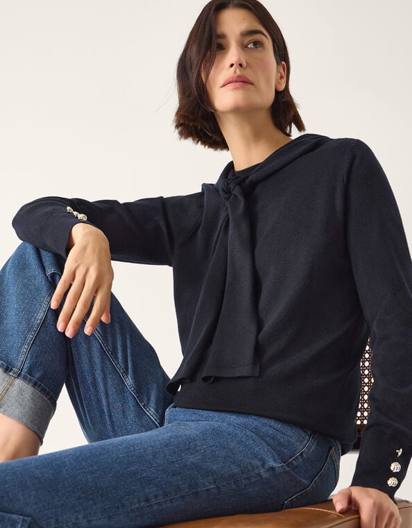 Nila Neck Tie Sweater, Blue (NAVY), large