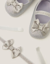 Baby Bow Glitter Booties & Headband Set, Silver (SILVER), large
