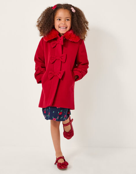 Faux Fur Collar Bow Coat, Red (RED), large