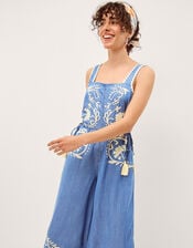 Stella Embroidered Denim Culotte Jumpsuit, Blue (DENIM BLUE), large
