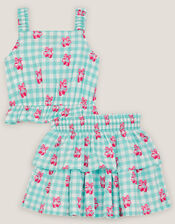 Gingham Cherry Skirt Set , Green (GREEN), large