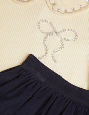 Bow Embellished Top & Corduroy Skirt Set, Blue (NAVY), large