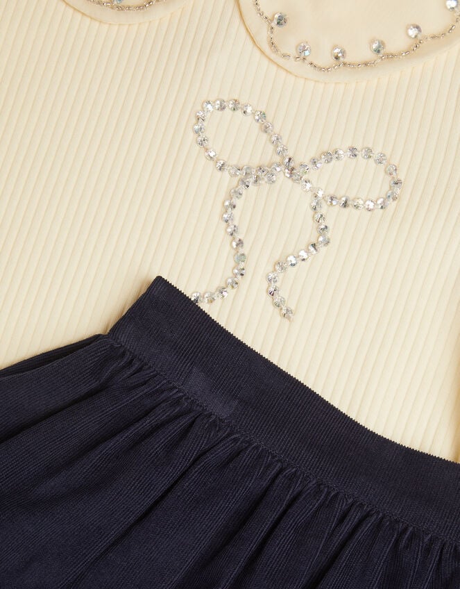 Bow Embellished Top & Corduroy Skirt Set, Blue (NAVY), large