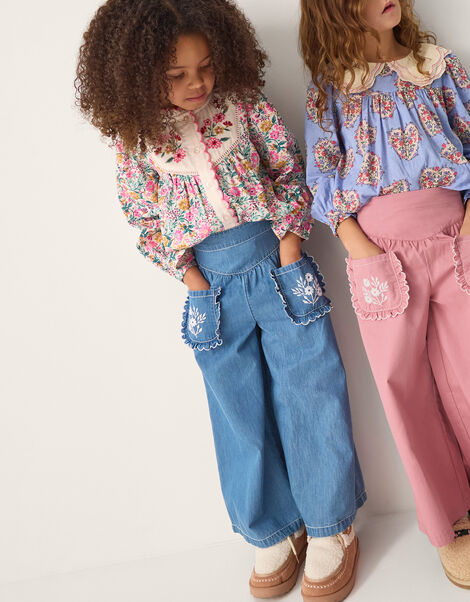 Embroidered Pocket Chambray Trousers, Blue (BLUE), large