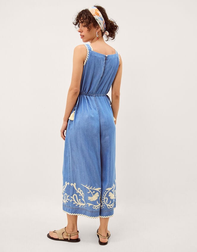 Stella Embroidered Denim Culotte Jumpsuit, Blue (DENIM BLUE), large