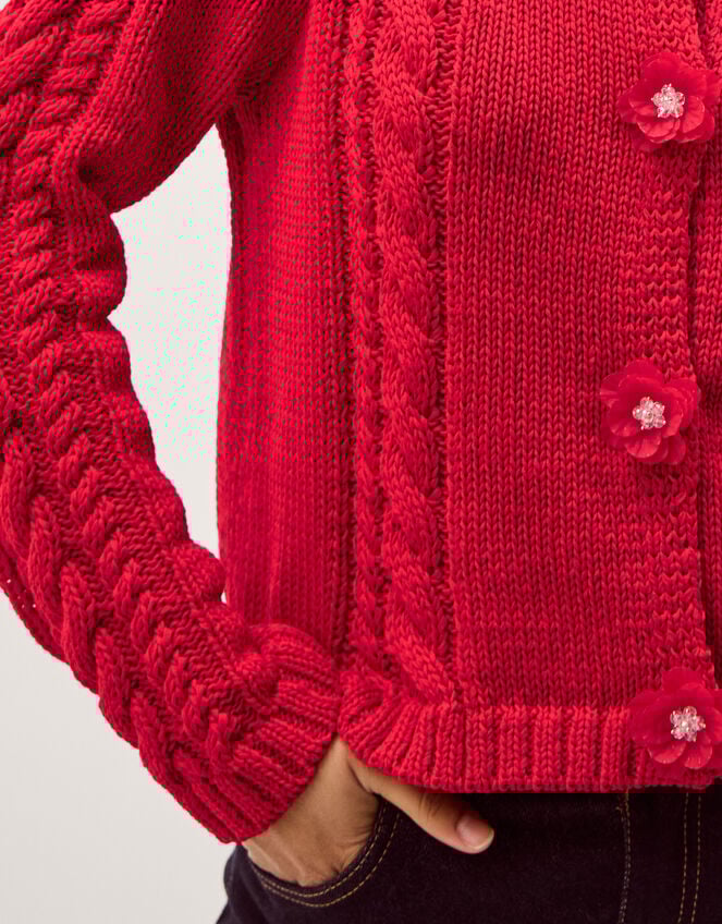 Kelly Flower Button Cable Knit Cardigan, Red (RED), large