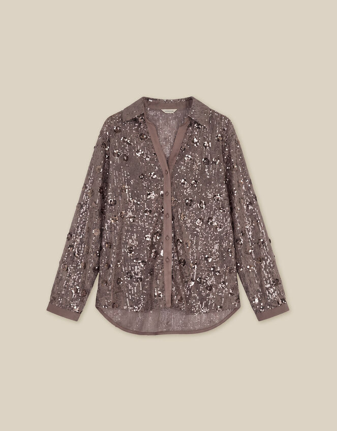 Seema Long Sleeve Sequin Shirt, Mink (MINK), large