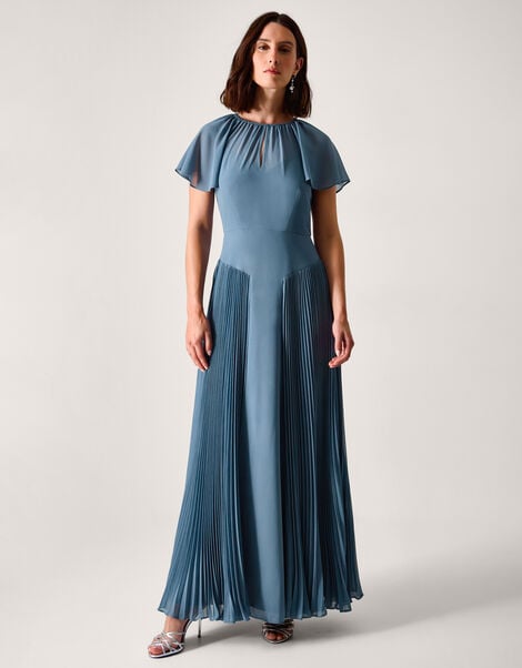 Madison Flutter Sleeve Pleated Bridesmaid Dress, Blue (PETROL), large