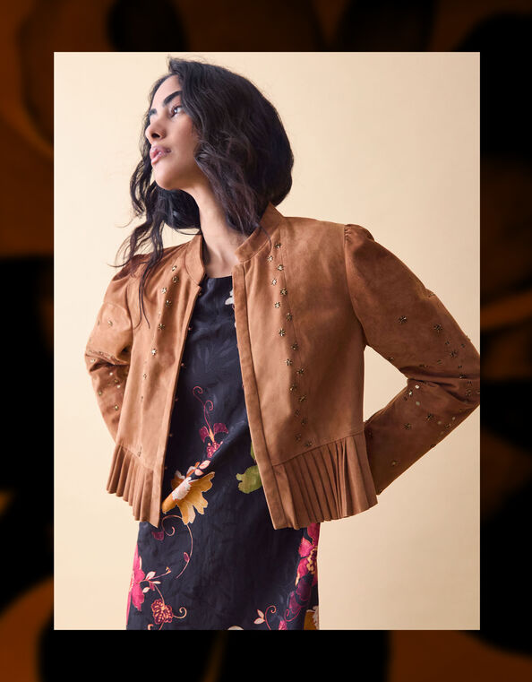 Clemence Fleur Embellished Suede Jacket, Tan (TAN), large