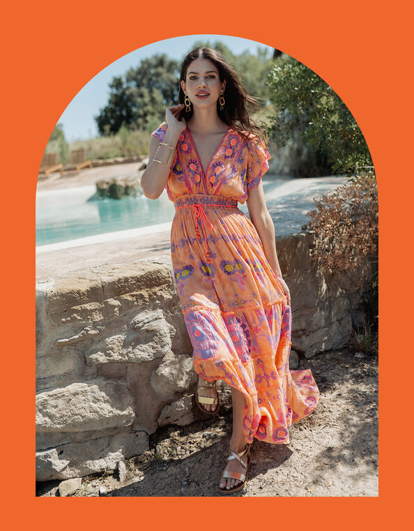 Piti Cuiti Flutter Floral Print Maxi Dress, Orange (ORANGE), large