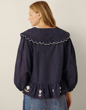 Talia Tulip Embroidered Scallop Collar Top, Blue (NAVY), large