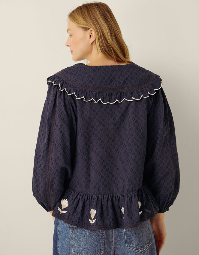 Talia Tulip Embroidered Scallop Collar Top, Blue (NAVY), large