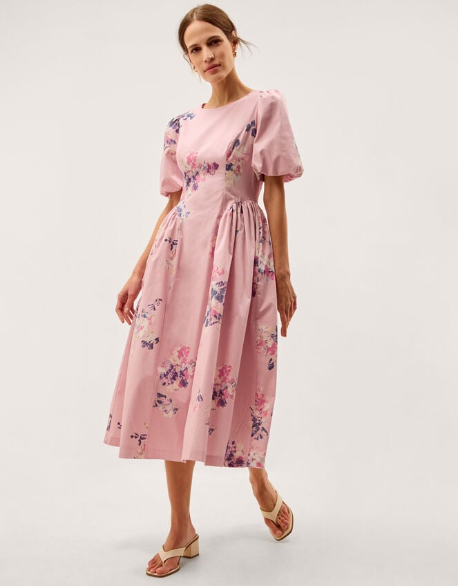 Amber Puff Sleeve Floral Midi Dress, Pink (PINK), large