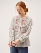 Hettie Embroidered Shirred Stripe Shirt, Black (BLACK), large