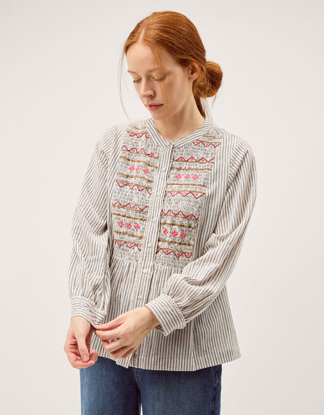 Hettie Embroidered Shirred Stripe Shirt, Black (BLACK), large