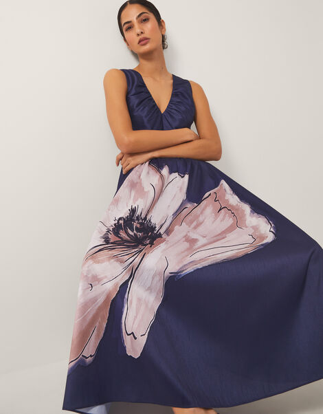 Sylvia V-Neck Floral Print Midi Dress, Blue (NAVY), large