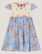 Baby Heart Print Embroidered Panel Dress, Blue (BLUE), large